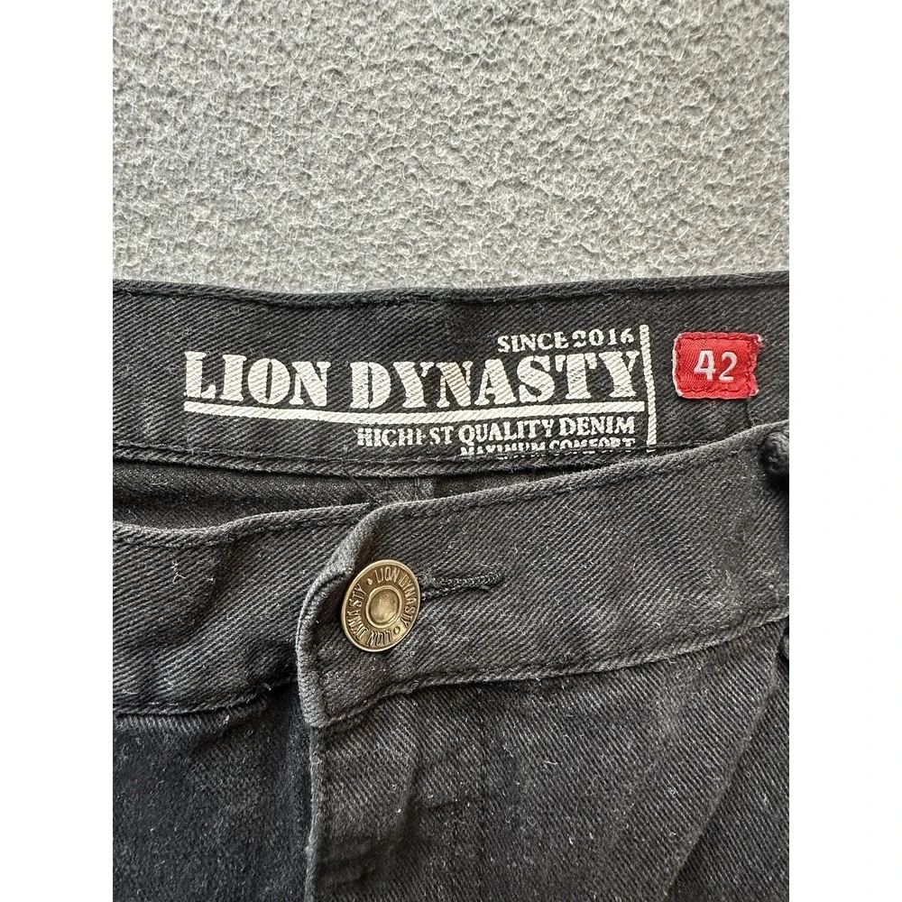 Lion Dynasty Jeans Mens 42x30 Black Denim Moto Biker Ribbed Red Checkered Stripe